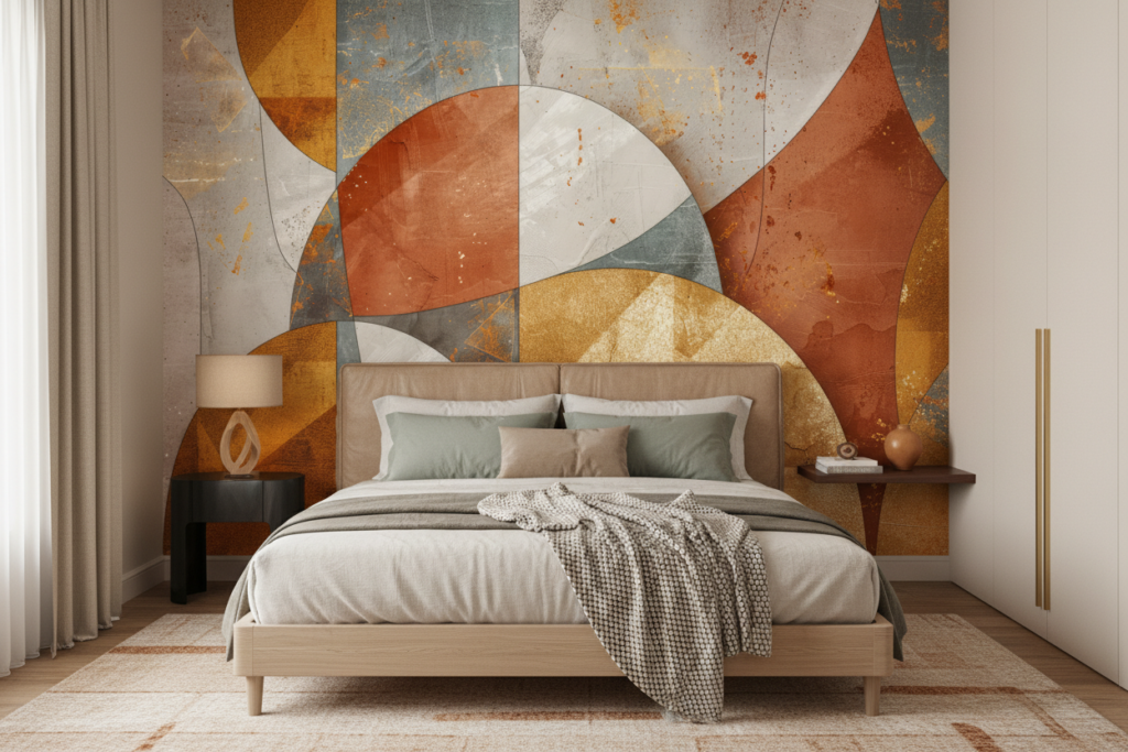 Papier peint abstrait géométrique aux tons ocre et dorés - Chambre adulte