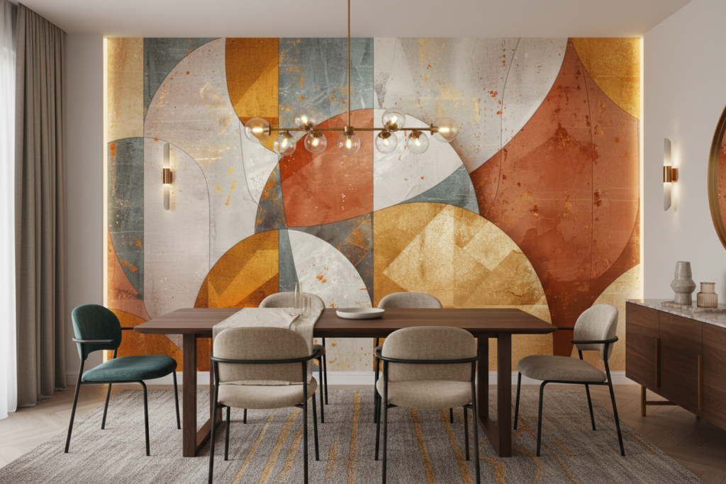 Papier peint abstrait géométrique aux tons ocre et dorés - Salle à manger