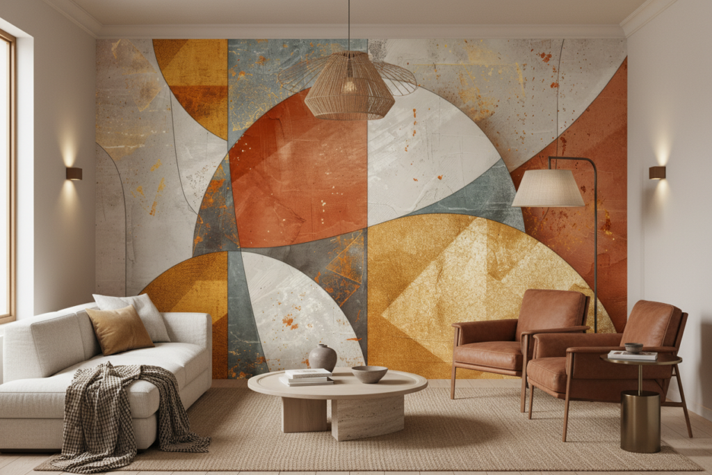 Papier peint abstrait géométrique aux tons ocre et dorés - Salon / Séjour