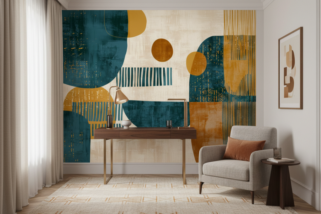 Papier Peint Abstrait Géométrique Bleu Ocre Moderne Contemporain - Bureau