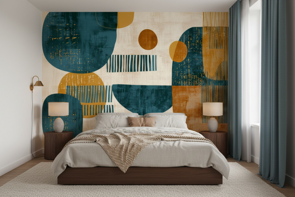 Papier Peint Abstrait Géométrique Bleu Ocre Moderne Contemporain - Chambre adulte