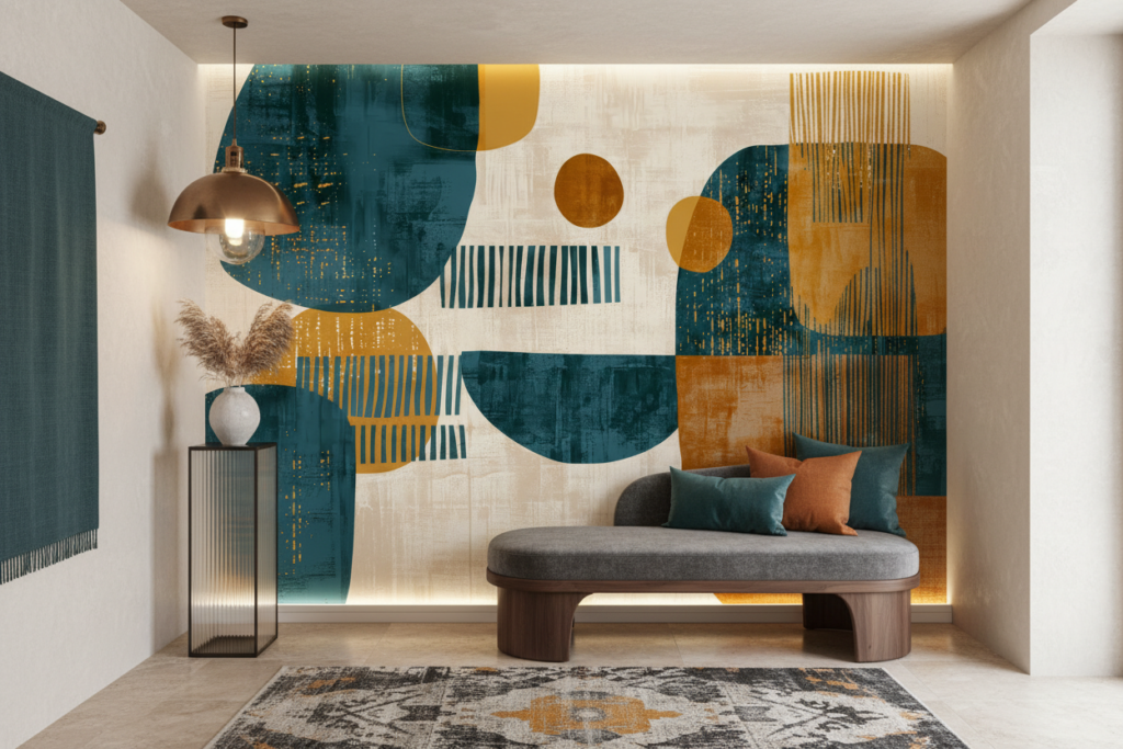 Papier Peint Abstrait Géométrique Bleu Ocre Moderne Contemporain - Entrée