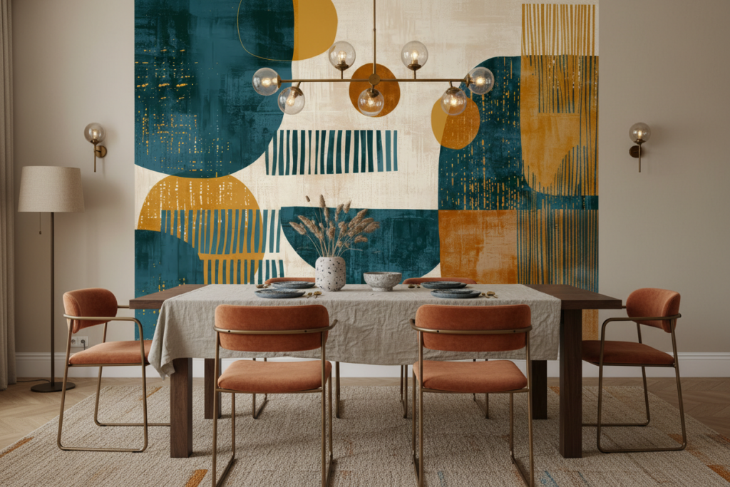 Papier Peint Abstrait Géométrique Bleu Ocre Moderne Contemporain - Salle à manger