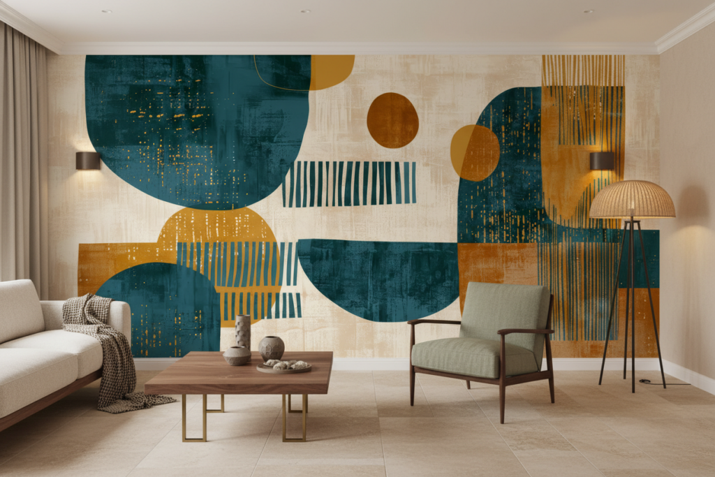 Papier Peint Abstrait Géométrique Bleu Ocre Moderne Contemporain - Salon / Séjour