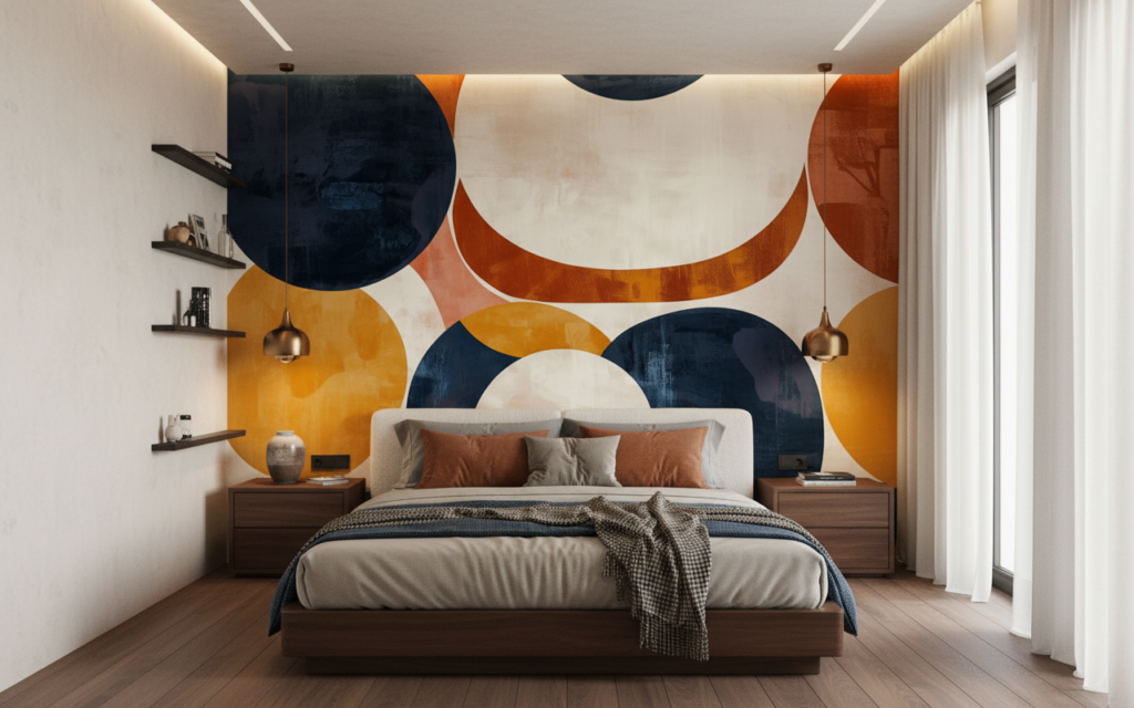 Papier Peint Abstrait Géométrique Cercles Colorés Bleu Orange Jaune - Chambre adulte