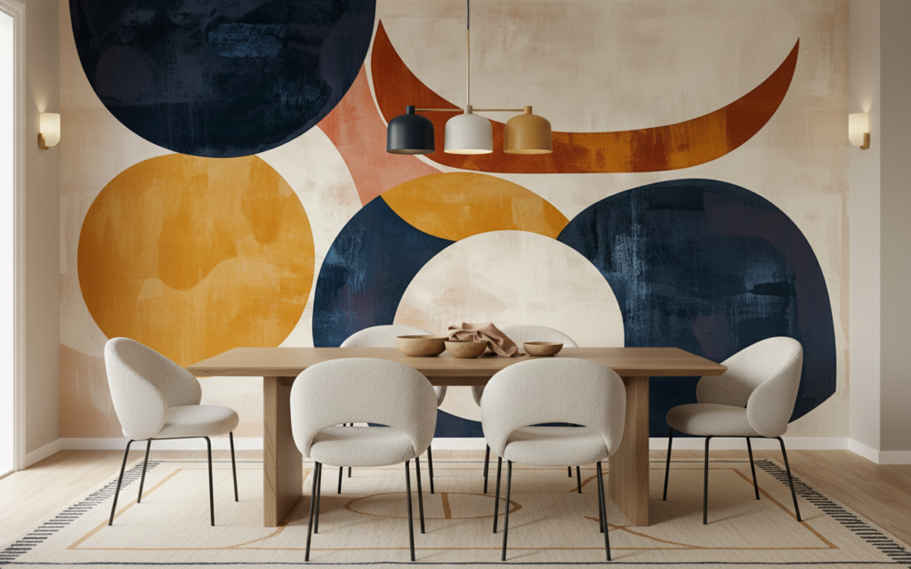 Papier Peint Abstrait Géométrique Cercles Colorés Bleu Orange Jaune - Salle à manger