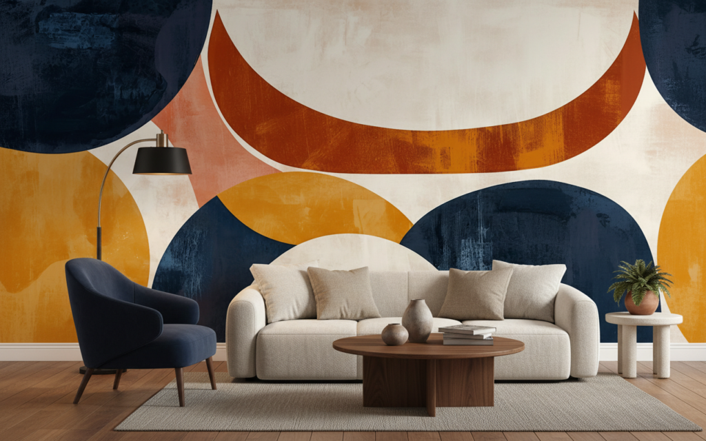 Papier Peint Abstrait Géométrique Cercles Colorés Bleu Orange Jaune - Salon / Séjour