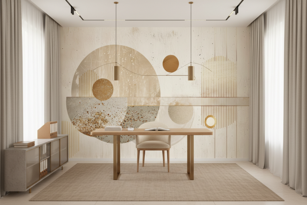 Papier Peint Abstrait Géométrique Doré et Beige Moderne - Bureau