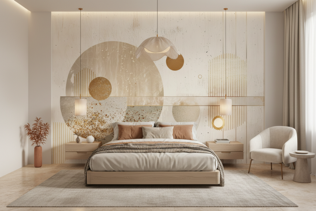 Papier Peint Abstrait Géométrique Doré et Beige Moderne - Chambre adulte