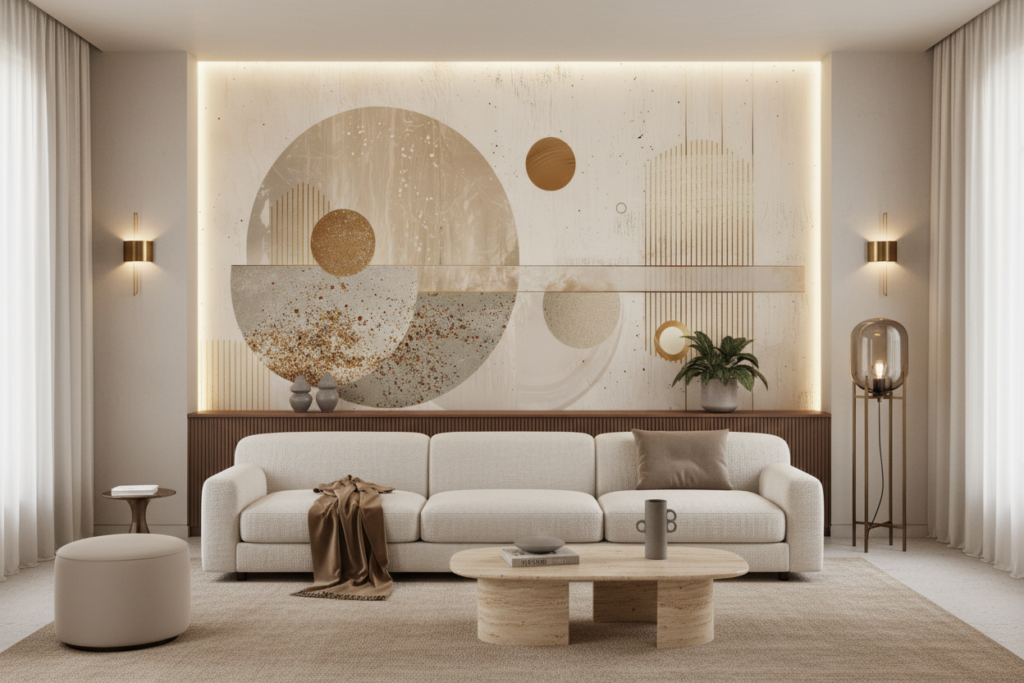 Papier Peint Abstrait Géométrique Doré et Beige Moderne - Hôtel