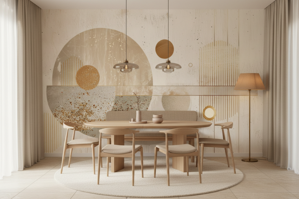 Papier Peint Abstrait Géométrique Doré et Beige Moderne - Salle à manger