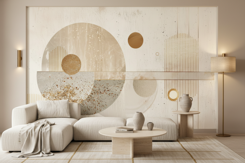 Papier Peint Abstrait Géométrique Doré et Beige Moderne - Salon / Séjour