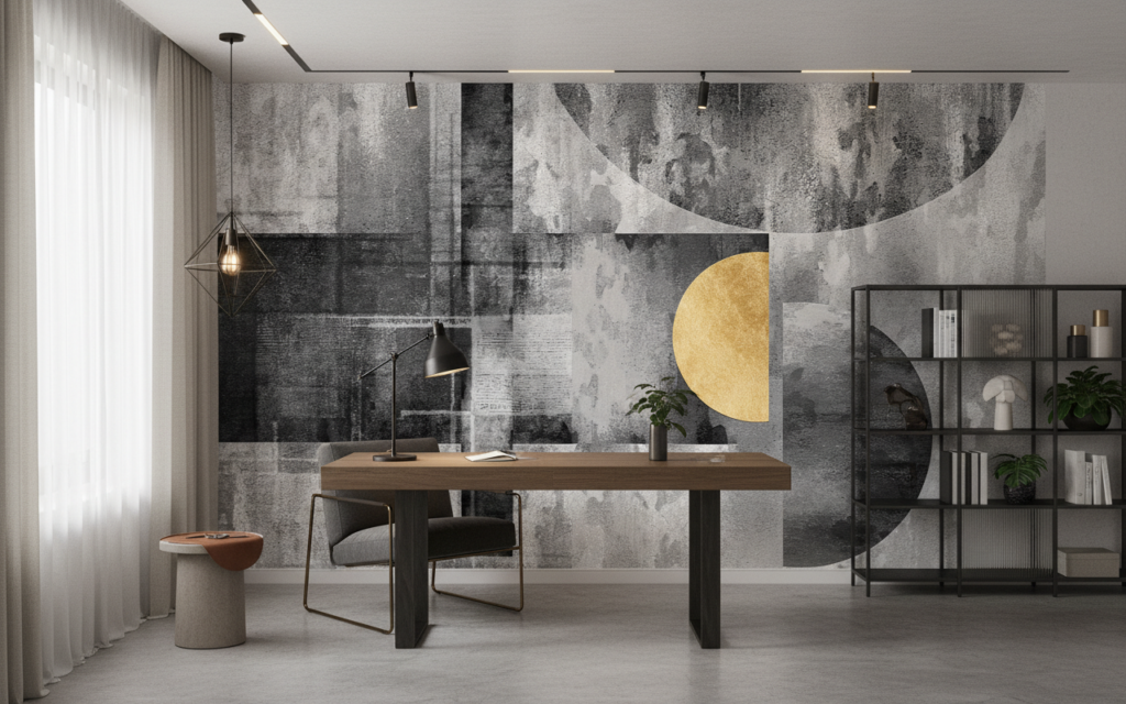 Papier Peint Abstrait Géométrique Doré sur Texture Grunge Industrielle - Bureau