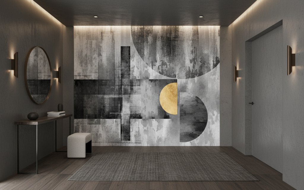 Papier Peint Abstrait Géométrique Doré sur Texture Grunge Industrielle - Entrée