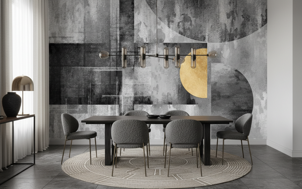 Papier Peint Abstrait Géométrique Doré sur Texture Grunge Industrielle - Salle à manger