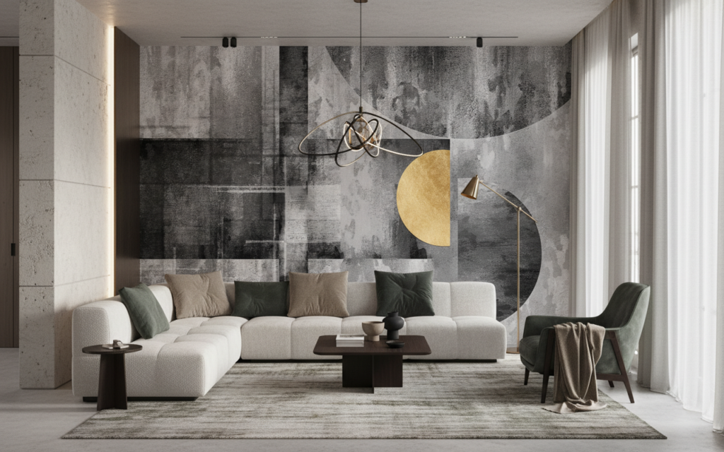 Papier Peint Abstrait Géométrique Doré sur Texture Grunge Industrielle - Salon / Séjour