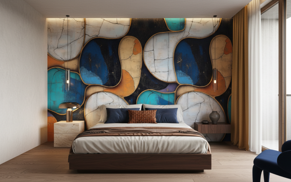 Papier Peint Abstrait Géométrique Formes Organiques Colorées Effet Craquelé - Chambre adulte