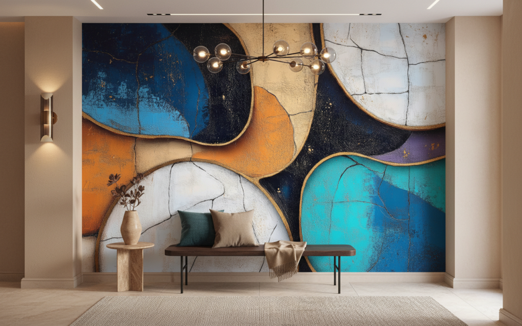 Papier Peint Abstrait Géométrique Formes Organiques Colorées Effet Craquelé - Entrée