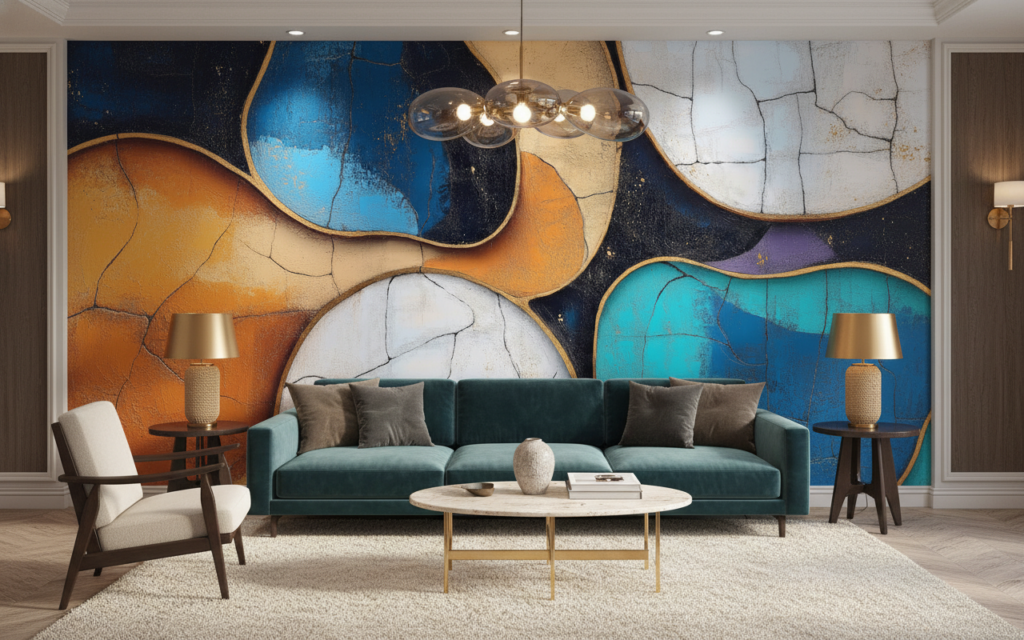 Papier Peint Abstrait Géométrique Formes Organiques Colorées Effet Craquelé - Hôtel