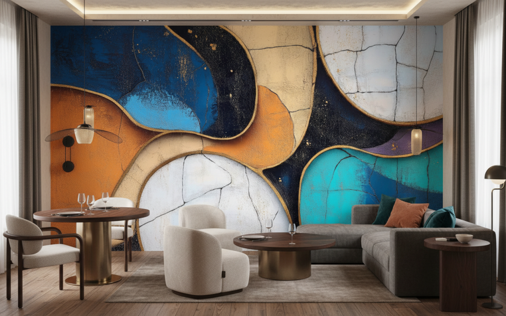 Papier Peint Abstrait Géométrique Formes Organiques Colorées Effet Craquelé - Restaurant