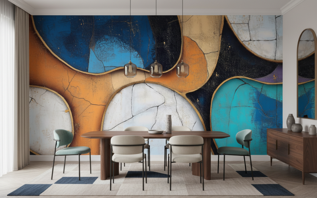Papier Peint Abstrait Géométrique Formes Organiques Colorées Effet Craquelé - Salle à manger