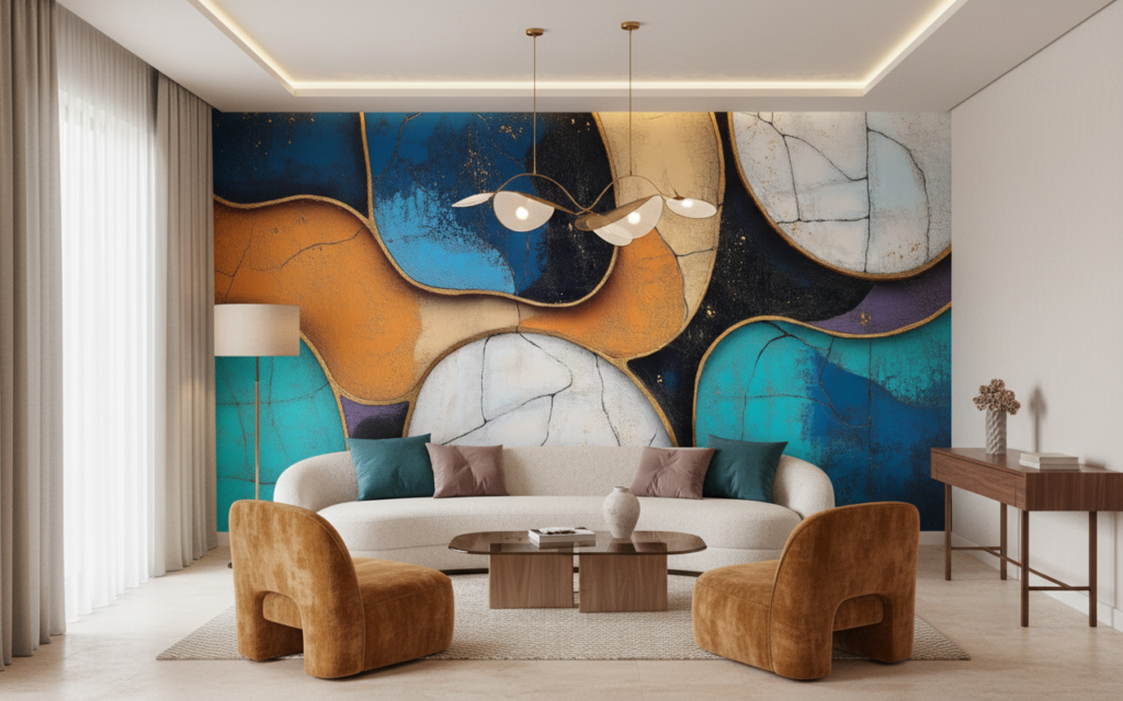 Papier Peint Abstrait Géométrique Formes Organiques Colorées Effet Craquelé - Salon / Séjour