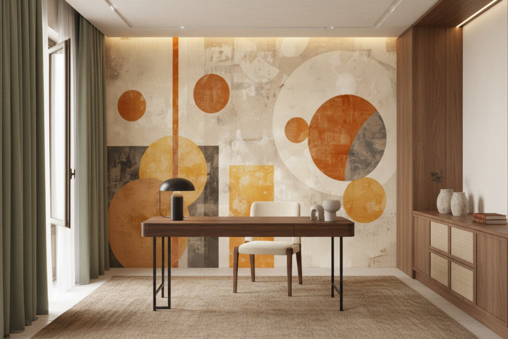 Papier peint abstrait géométrique moderne aux tons orangés et beiges vintage - Bureau