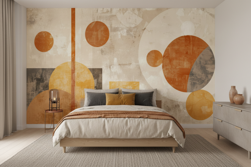 Papier peint abstrait géométrique moderne aux tons orangés et beiges vintage - Chambre adulte