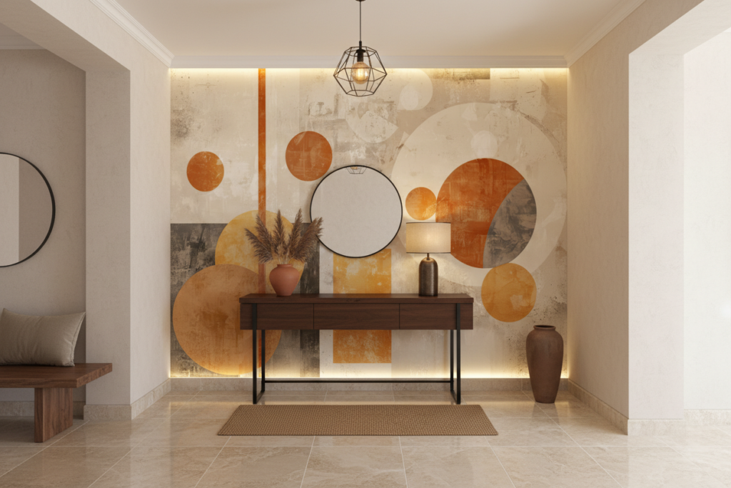 Papier peint abstrait géométrique moderne aux tons orangés et beiges vintage - Entrée