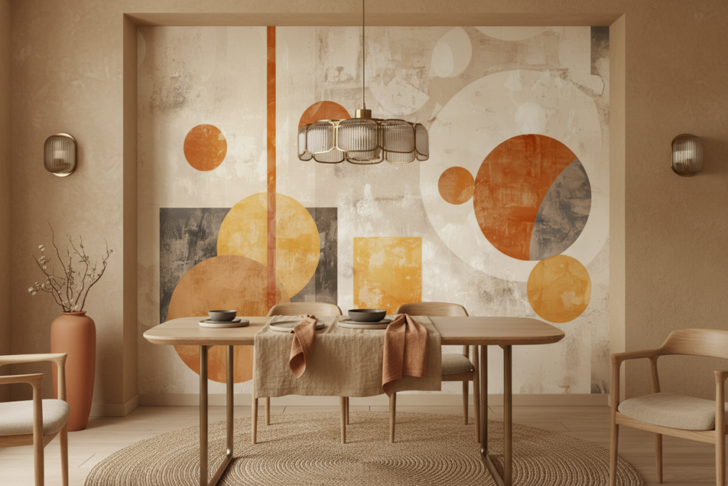 Papier peint abstrait géométrique moderne aux tons orangés et beiges vintage - Salle à manger