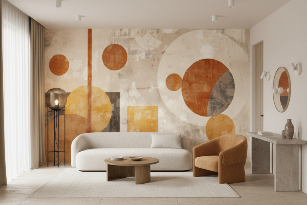 Papier peint abstrait géométrique moderne aux tons orangés et beiges vintage - Salon / Séjour