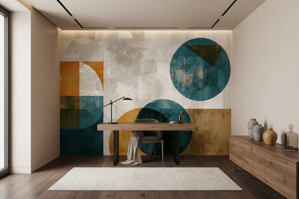 Papier Peint Abstrait Géométrique Moderne Bleu Ocre Vintage - Bureau