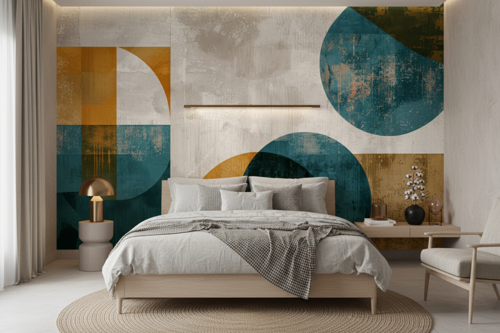 Papier Peint Abstrait Géométrique Moderne Bleu Ocre Vintage - Chambre adulte