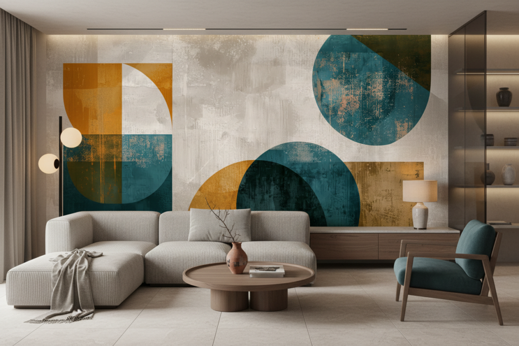 Papier Peint Abstrait Géométrique Moderne Bleu Ocre Vintage - Salon / Séjour