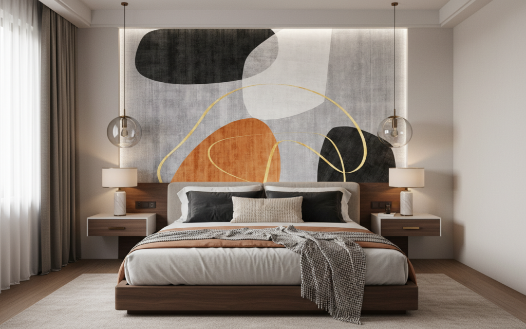 Papier peint abstrait géométrique orange noir cercles dorés moderne - Chambre adulte