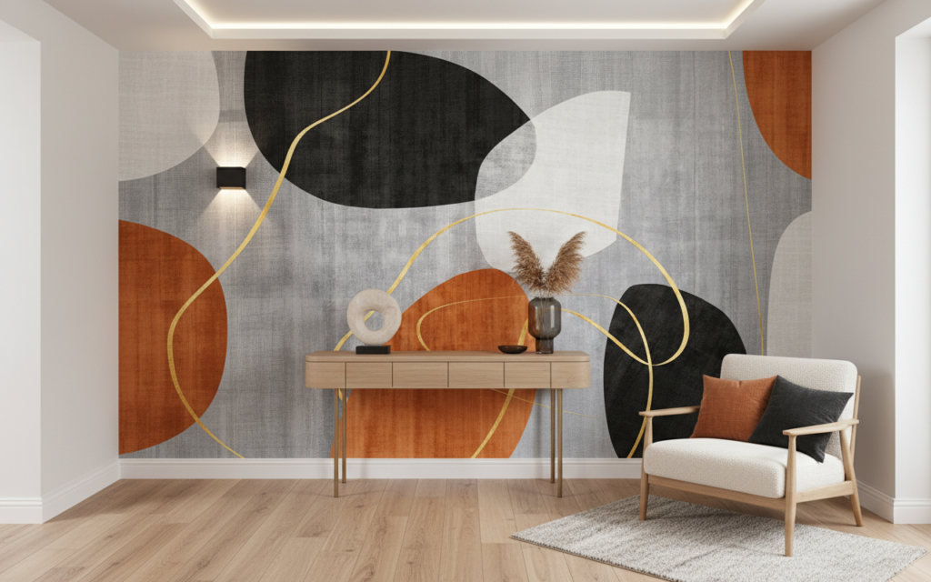 Papier peint abstrait géométrique orange noir cercles dorés moderne - Entrée