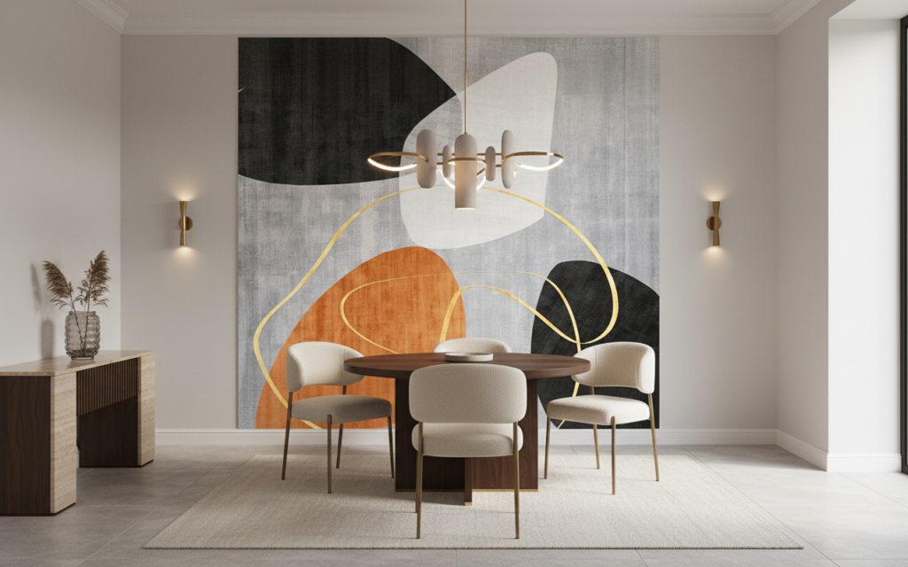 Papier peint abstrait géométrique orange noir cercles dorés moderne - Salle à manger