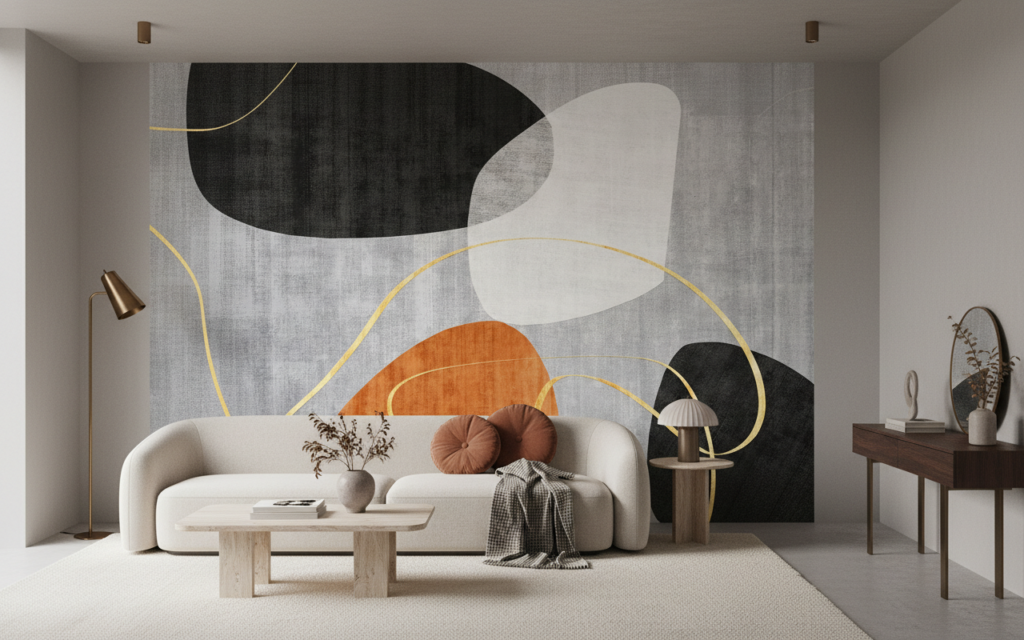 Papier peint abstrait géométrique orange noir cercles dorés moderne - Salon / Séjour