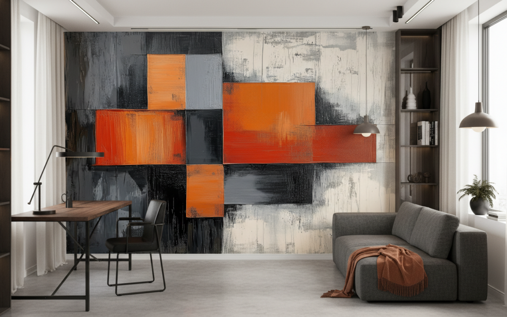 Papier peint abstrait géométrique orange rouge gris moderne contemporain - Bureau