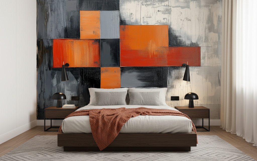 Papier peint abstrait géométrique orange rouge gris moderne contemporain - Chambre adulte