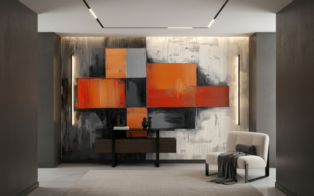 Papier peint abstrait géométrique orange rouge gris moderne contemporain - Couloir