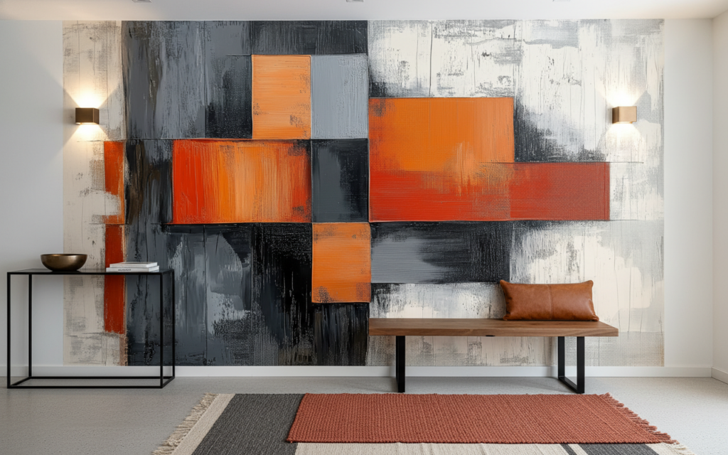 Papier peint abstrait géométrique orange rouge gris moderne contemporain - Entrée