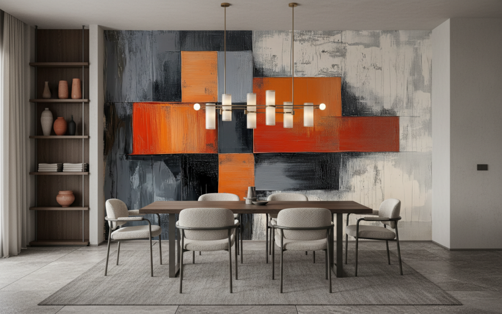 Papier peint abstrait géométrique orange rouge gris moderne contemporain - Salle à manger