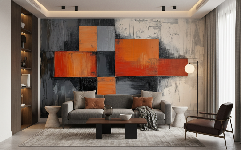 Papier peint abstrait géométrique orange rouge gris moderne contemporain - Salon / Séjour