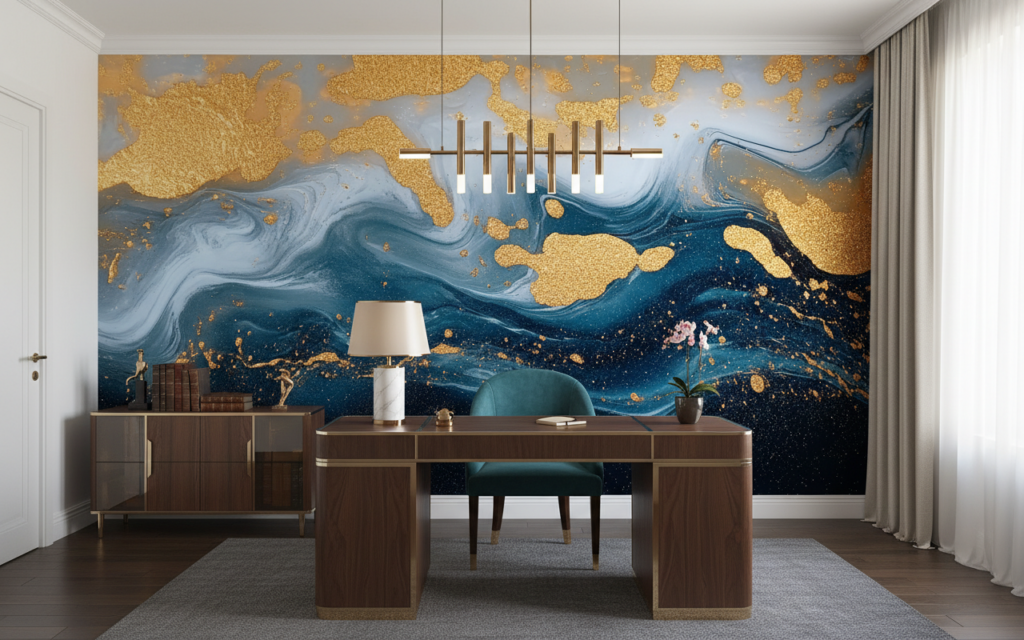 Papier Peint Abstrait Marbré Bleu et Or Luxueux - Bureau