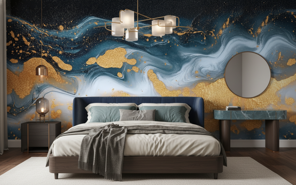 Papier Peint Abstrait Marbré Bleu et Or Luxueux - Chambre adulte