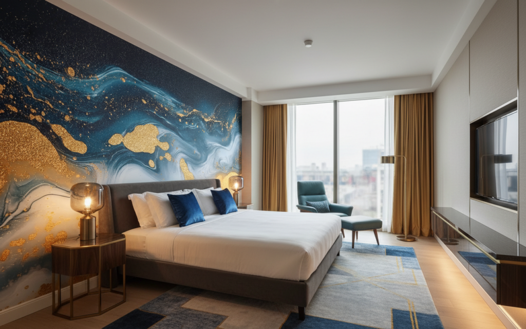 Papier Peint Abstrait Marbré Bleu et Or Luxueux - Hôtel