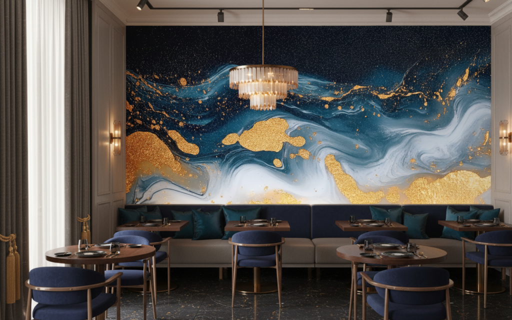 Papier Peint Abstrait Marbré Bleu et Or Luxueux - Restaurant