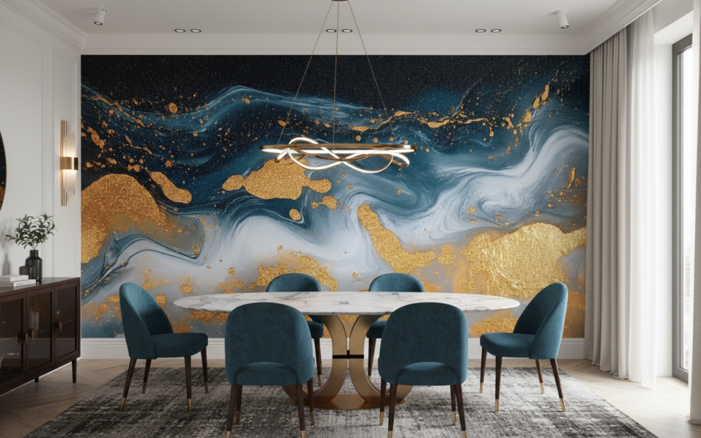 Papier Peint Abstrait Marbré Bleu et Or Luxueux - Salle à manger