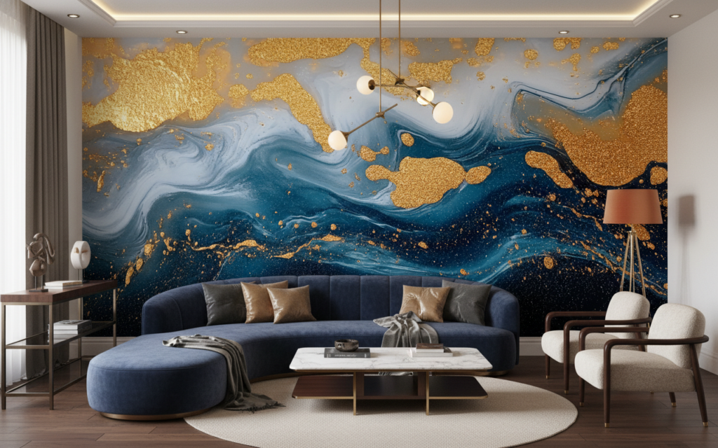 Papier Peint Abstrait Marbré Bleu et Or Luxueux - Salon / Séjour